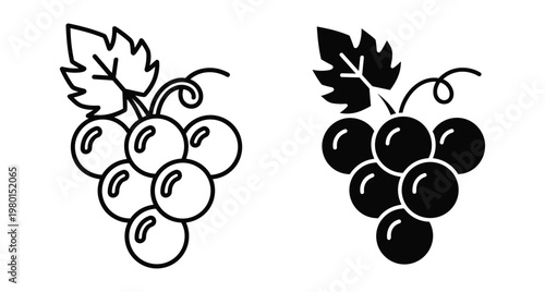 Grape bunch icon set with leaf and vine in outline and solid black silhouette style for food and wine design