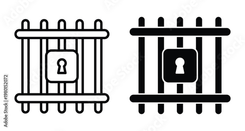 Prison bars icon set with padlock symbol representing jail incarceration crime justice security detention cell lock and law enforcement graphics