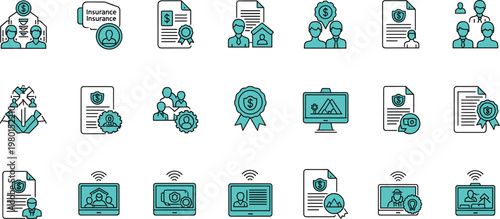 Insurance and financial protection line icon set featuring policy coverage claims management digital services and risk security