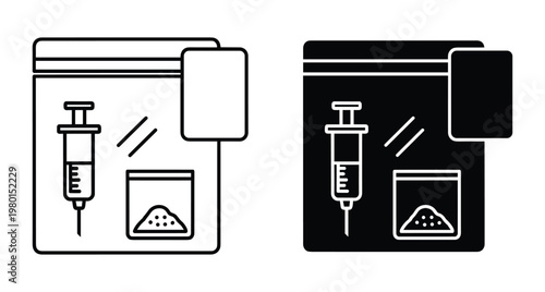 Evidence bag icon set with syringe and drug powder packet for police investigation crime scene forensic analysis law enforcement