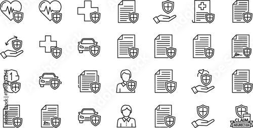 Insurance protection and policy line icon set featuring health car life coverage minimal outline vector collection