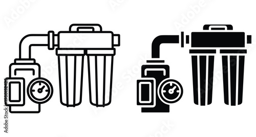 water filtration system icon set with double filter cartridges pressure gauge and pump for clean drinking water purification plumbing equipment