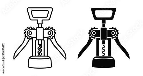 Wing corkscrew icon set featuring outline and solid black versions for wine bottle opening kitchen tool barware equipment design elements