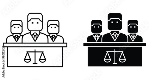 Jury panel icons showing three judges behind a desk with scales of justice symbol in outline and solid black styles