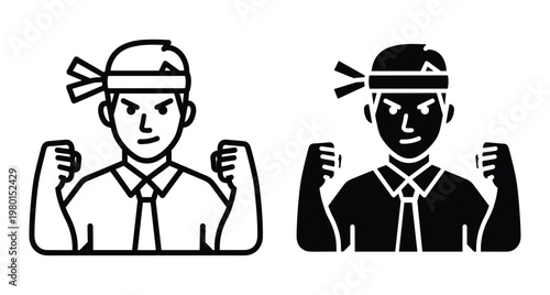 Determined businessman wearing headband clenching fists showing motivation and fighting spirit in office work concept icon set for success power