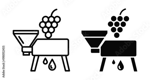 Grape crusher machine icon set for winemaking process showing fruit bunch funnel and juice drops in outline and solid style