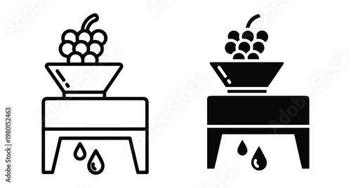 Wine grape press machine icon set showing fruit crushing process for vineyard production winery equipment and juice extraction symbol collection