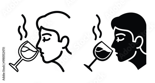 Person smelling wine aroma from glass sommelier tasting profile icon set line art and solid silhouette vector graphic design
