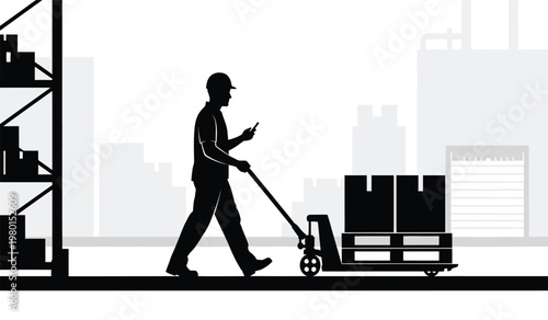 A worker pushes a pallet jack while checking a device positioned within a warehouse environment a striking silhouette high quality professional detailed modern elegant