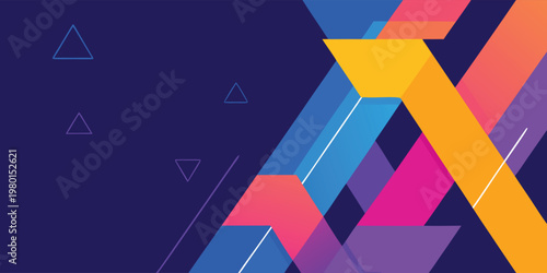 Abstract background with overlapping diagonal geometric shapes in yellow pink blue and purple colors featuring thin white lines and small outlined triangle on a dark blue backdrop