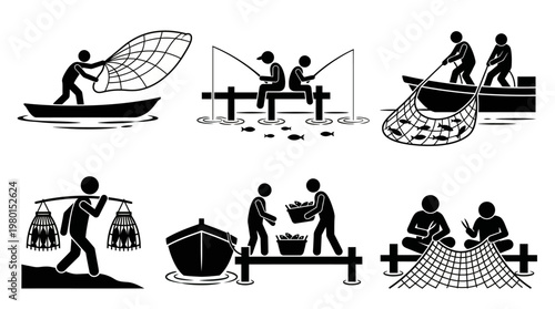 Fishermen engage in various activities related to catching and handling fish, showcasing different methods and teamwork