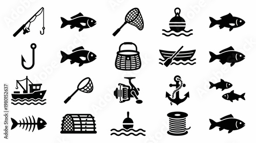 Collection of black and white fishing-related icons, including various types of fish, fishing gear, boats, and accessories