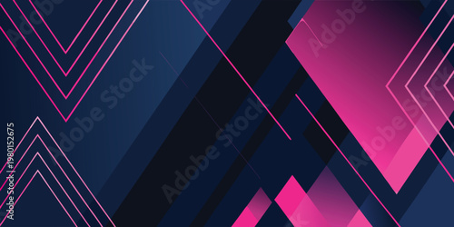 Abstract background with overlapping dark blue rectangular shapes and bright pink geometric chevron lines and diagonal stripes in a layered composition