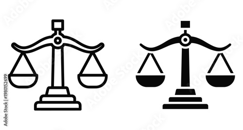 Scales of justice icon set featuring outline and solid black versions representing law legal system equality balance and judicial authority