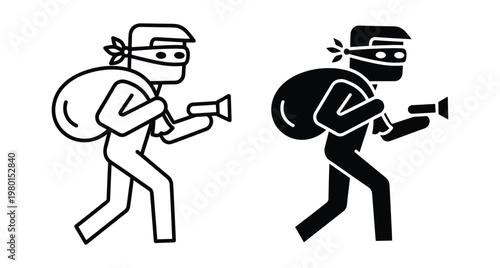Burglar thief character icon set featuring masked man carrying heavy sack and holding flashlight in outline and solid silhouette styles