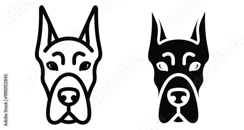 Great Dane dog head icon set with minimalist line art and solid black silhouette for pet branding and animal logos