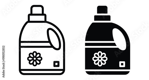 Laundry detergent bottle icon set with flower label design for cleaning products household chores washing clothes fabric softener liquid soap