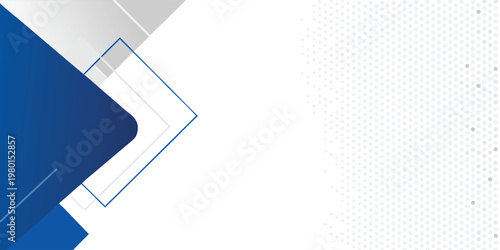 Abstract background with blue and grey geometric shapes and a white dotted halftone pattern on the right side