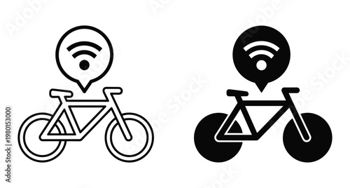 Smart bicycle icon set with wifi signal symbol for connected bike sharing tracking system and modern urban transportation technology services
