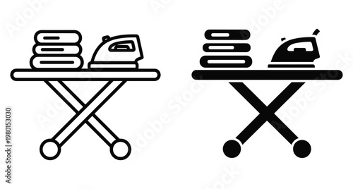 Ironing board icon set with electric steam iron and stack of folded laundry clothes for domestic housework and professional service