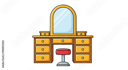 A cartoon illustration depicts a golden vanity table with a mirror and a small red stool