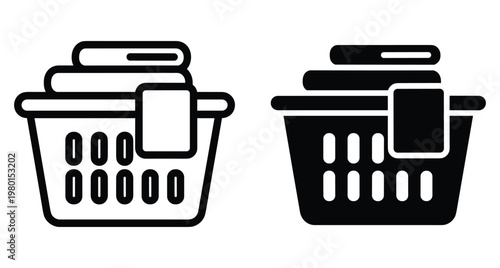 Laundry basket icon set with folded clothes and towels for home cleaning service housework chores laundry room organization web design