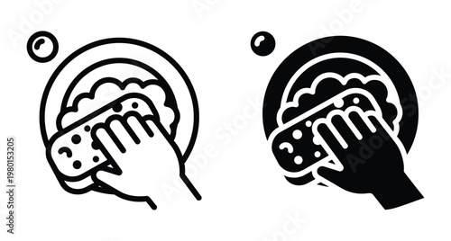 Hand washing plate with sponge and soap bubbles icon set for kitchen cleaning housework chores hygiene domestic service maintenance equipment