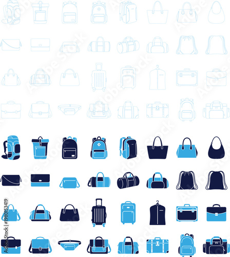 Diverse luggage and bag icons including backpacks duffels suitcases and briefcases.