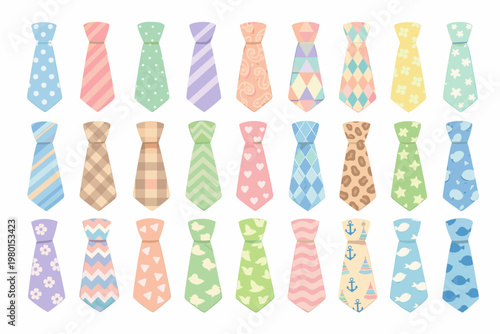 Set of 27 Necktie Vector Icons with Various Patterns in Soft Pastel Colors, Flat Design Neckwear Clipart featuring Polka Dots, Stripes, Floral, Geometric, and Animal Print for Men's Business Fashion.