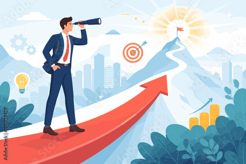 Visionary Businessman with Telescope Looking for Future Opportunities and Success Path. Leader Planning Career Growth towards Goal on Mountain Peak with Target, Lightbulb, and Financial Growth.