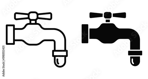 Water tap faucet icon set with outline and solid black styles for plumbing kitchen bathroom home repair and water conservation