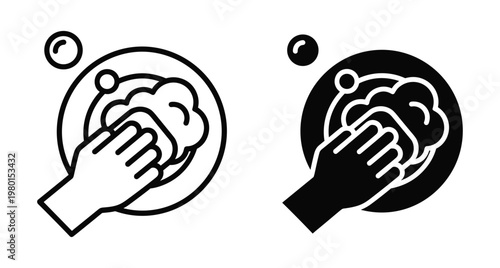 Hand washing plate icon set with sponge and soap bubbles for kitchen cleaning housework chores hygiene and dishwashing service symbol