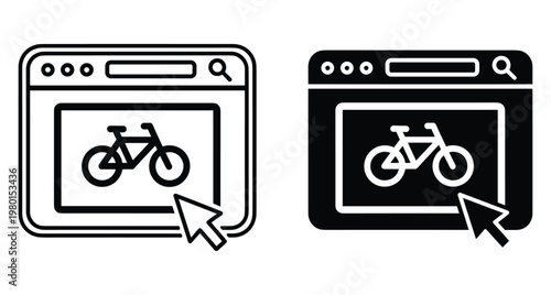 Web browser interface icons showing bicycle rental or online shop with mouse cursor clicking on screen for digital transport service