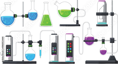 Illustrated diagram of various laboratory glassware and equipment setups Vector