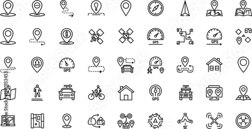 GPS navigation and location tracking line icon set featuring map direction transport minimal outline vector collection