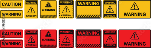 Collection of safety and warning signs yellow and red rectangular labels