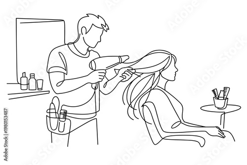 Minimalist continuous line art of a male hairstylist blow-drying a woman's long hair in a hair salon, featuring a stylist at work with professional tools, mirror, and a seated client.