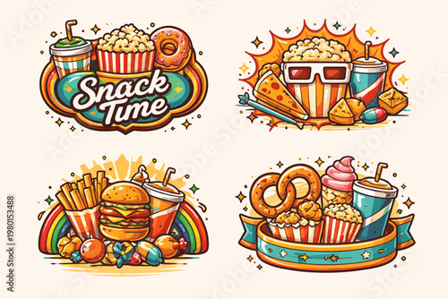 Set of colorful snack time logos with bold typography and retro designs. Vibrant vector illustrations featuring popcorn, soda, burgers, fries, pizza, pretzels, and sweets for cinema and fast food.