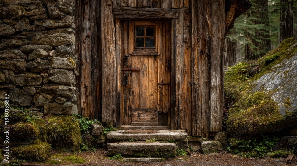 Fototapeta premium Close-up of an aged wooden cabin doorway featuring a square window