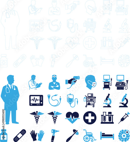 Medical equipment icons bundle showing professional healthcare tools and diagnostic devices.