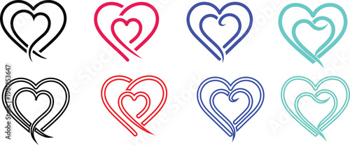 Collection of intertwined hearts in black, red, blue, and teal love symbol romance relationship
