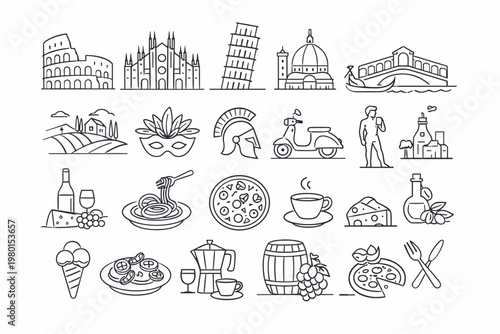 Italy Icon Set: Thin Line Vector Illustrations of Famous Landmarks like the Colosseum, Milan Cathedral, Pisa Tower, Venice Bridge, plus Traditional Food including Pizza, Pasta, Wine, and Coffee.