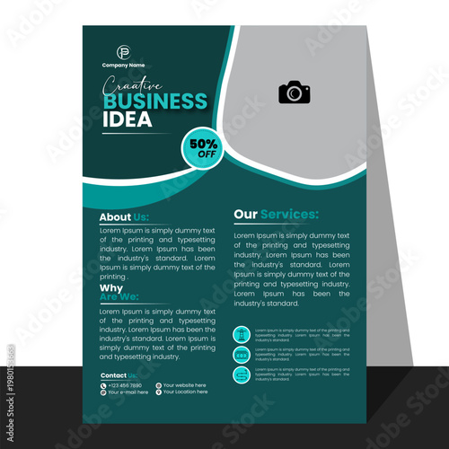 Modern business flyer template with dark teal wave design plus company profile and professional services info.