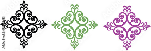 Three ornate scrollwork corner in black, green, and purple on white background, flourish decorative