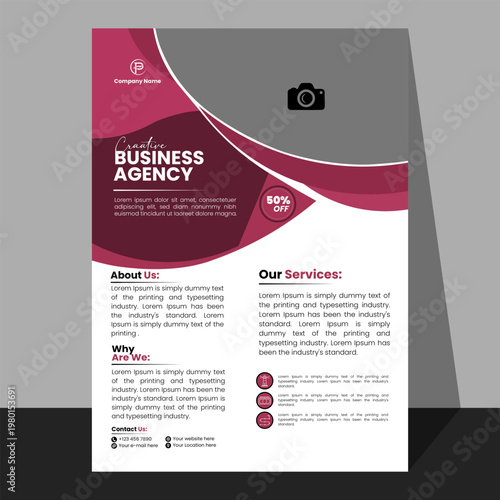 Creative business agency flyer with burgundy maroon color scheme including discount circle and service details.