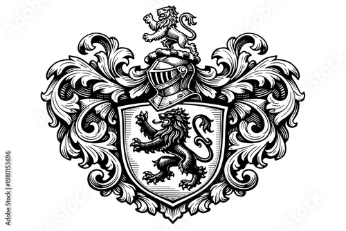 Medieval Heraldic Coat of Arms Featuring a Lion Rampant on a Shield with a Knight Helmet Crest and Ornate Acanthus Leaf Mantling, Vintage Engraving Style Vector Illustration for Family Heraldry