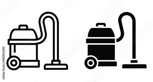 Vacuum cleaner icon set featuring canister style machine with hose and nozzle for household cleaning maintenance and hygiene service symbols