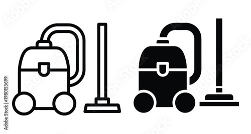 Vacuum cleaner icon set with outline and solid styles for home cleaning service maintenance household appliance equipment and hygiene tools