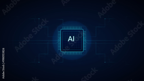Glowing blue AI microchip vector illustration with circuit board design