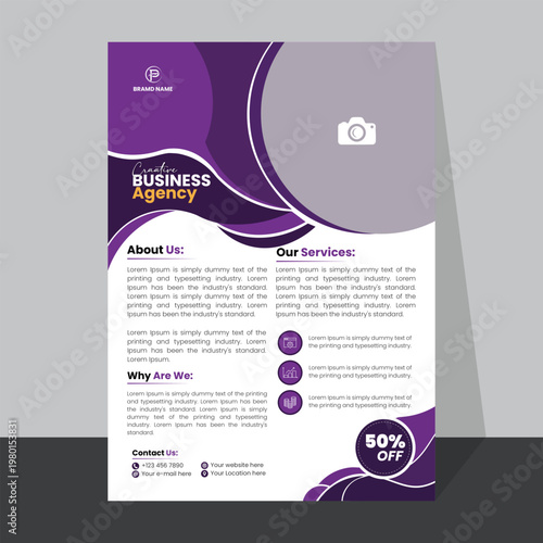 Corporate business flyer template with purple wave design and modern agency promotion layout for marketing.